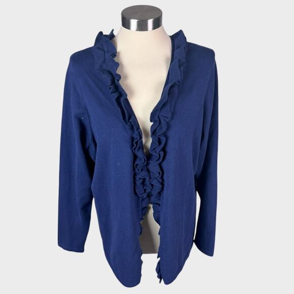 Charter Club 1X Womens Navy Blue Cardigan Sweater Ruffle Trim - Picture 1 of 5
